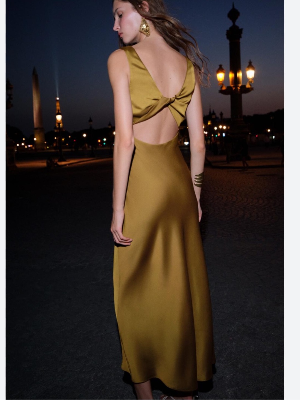 NWT!! Zara Olive-Gold Satin V-Neck Maxi Dress - Picture 2 of 8